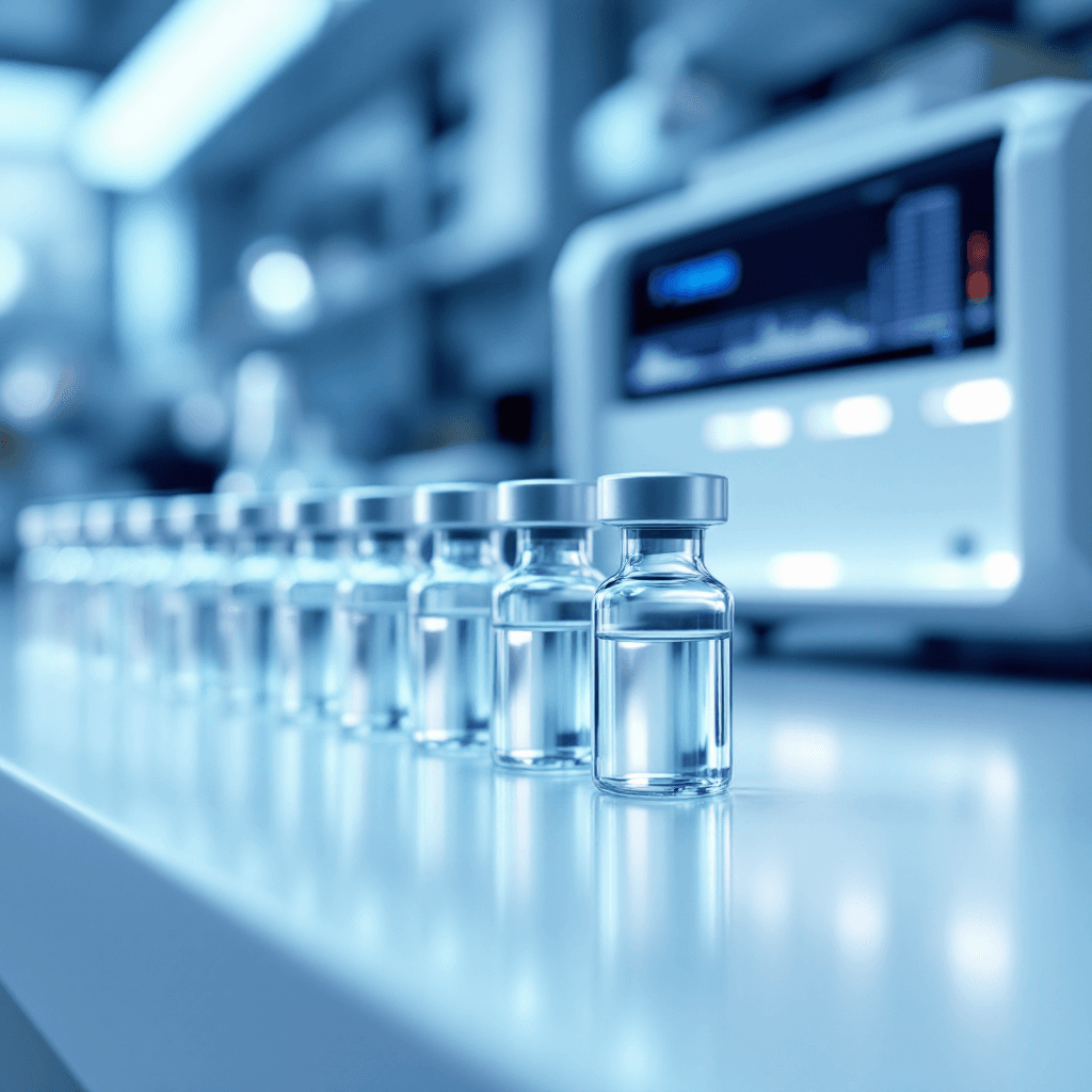 A row of research vials on a laboratory bench beside testing equipment